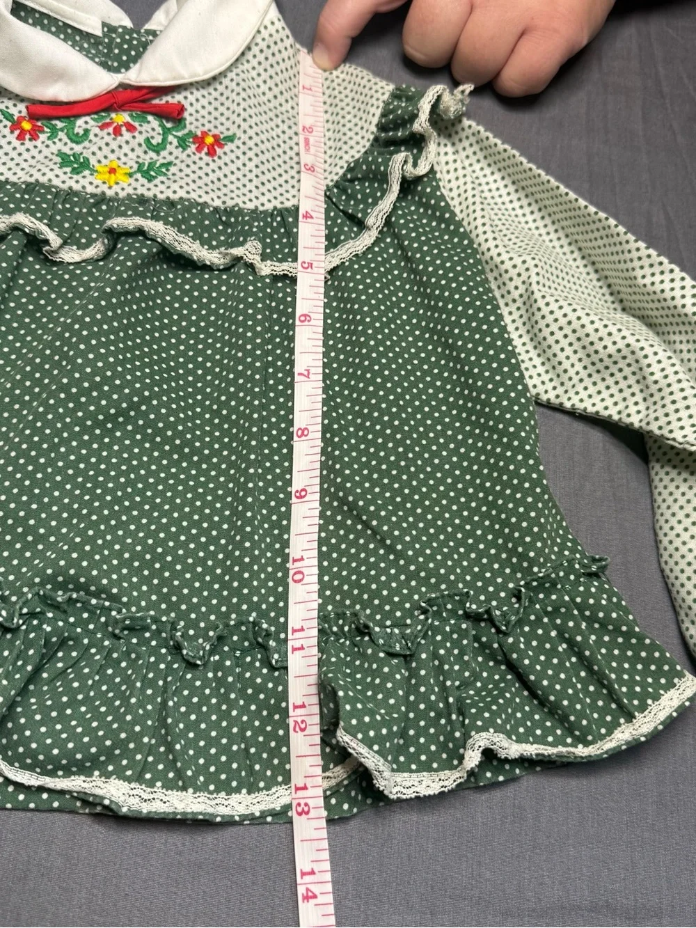 Vintage Girls Green Polka Dot Ruffle Blouse with Embroidered Collar